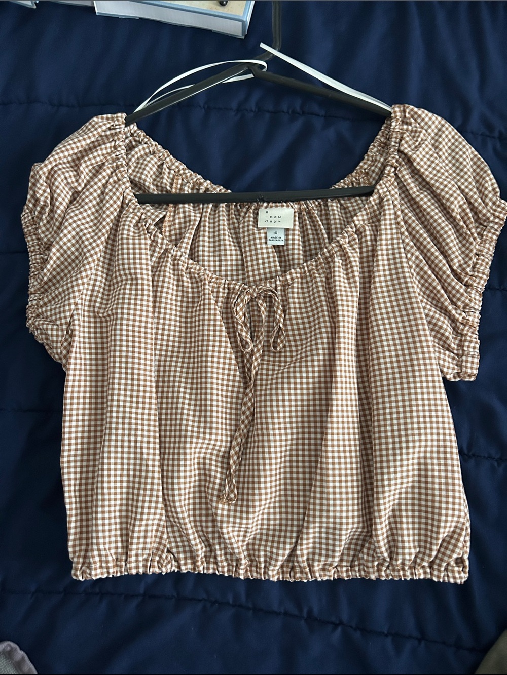 a new day Brown Gingham Peasant Crop Top